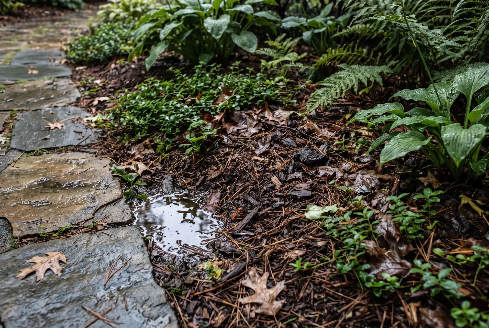 Flagstone path beside a damp, shaded garden edge with wet mulch, leaves, and a puddle