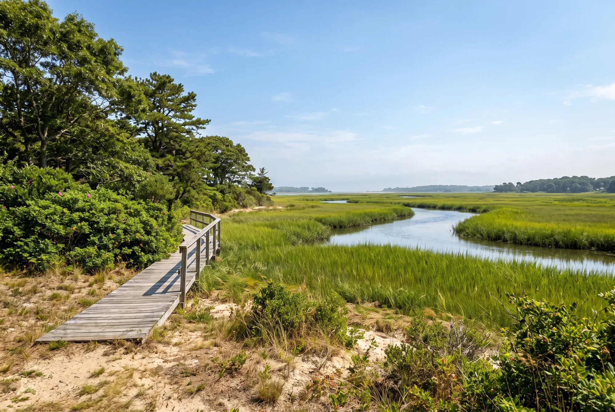 Wooden boardwalk leading through beach grass