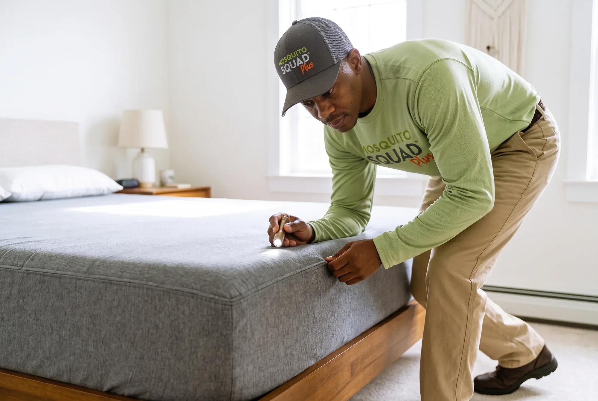 Mosquito Squad technician inspecting a mattress