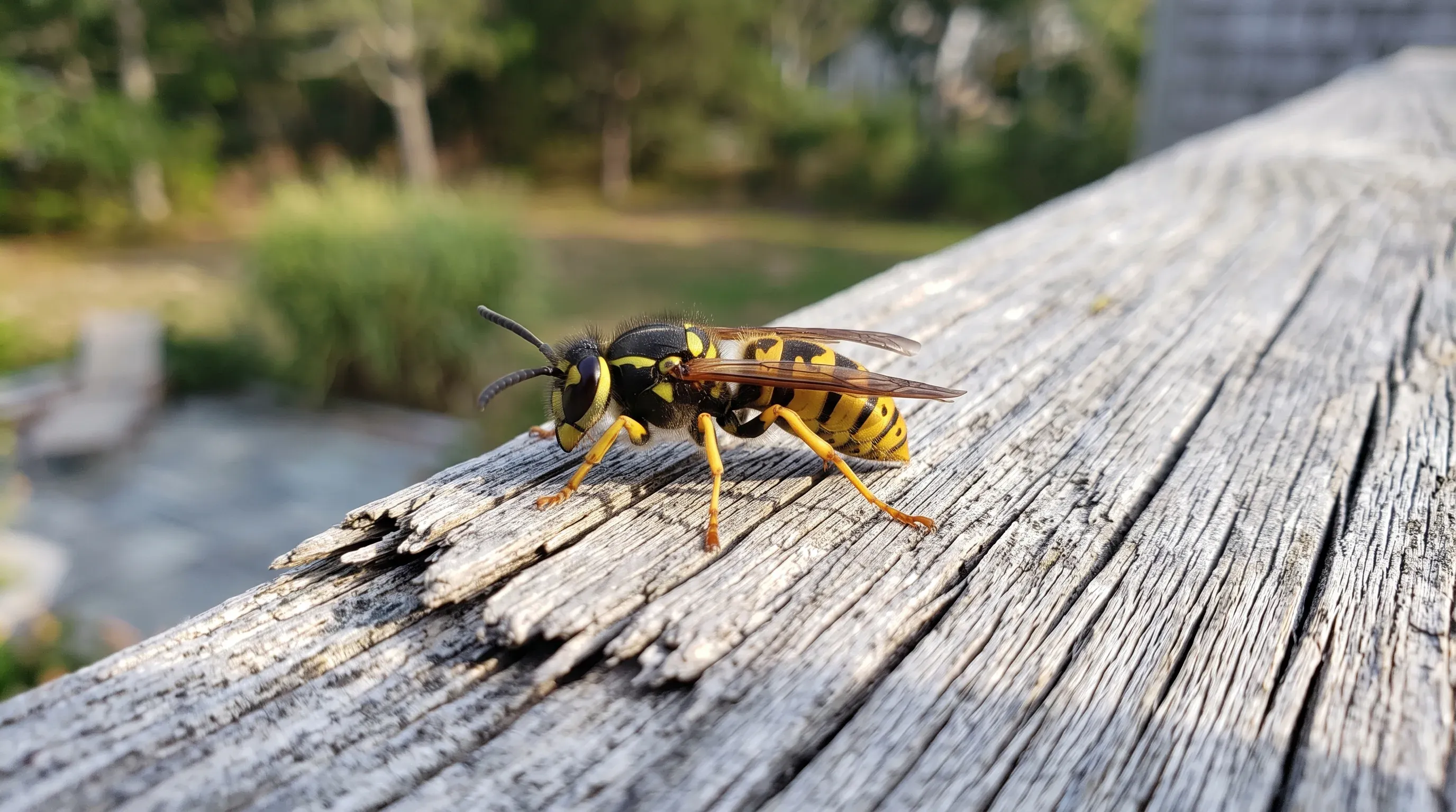 Yellow jacket on a weathered Cape Cod deck railing