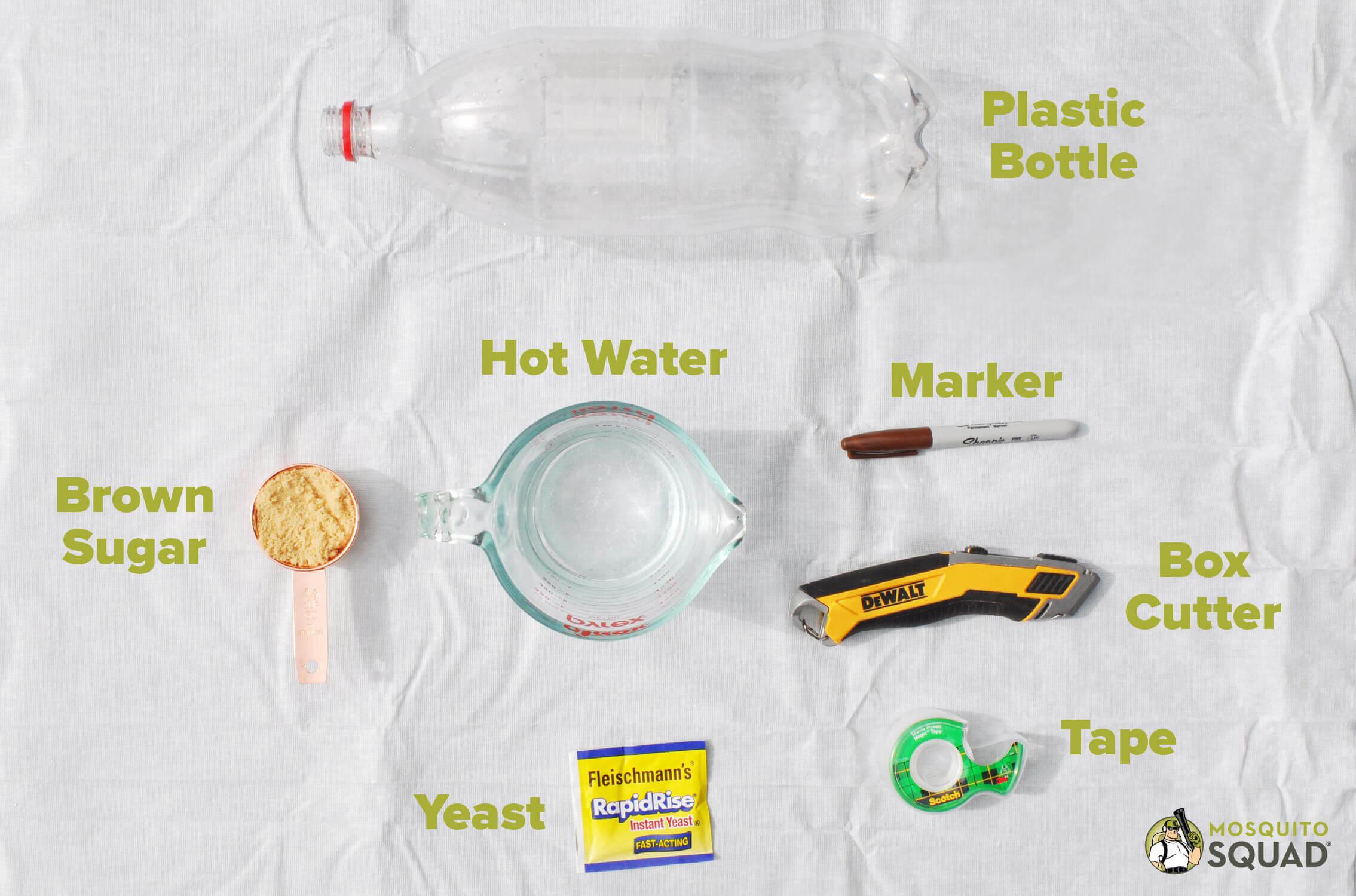 a plastic bottle, brown sugar, active yeast, box cutters, and a marker for a DIY mosquito trap