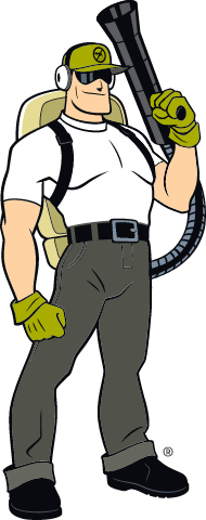 Cartoon 'Dread Skeeter' in white shirt and cargo pants with a mosquito fogger, ready for pest control.